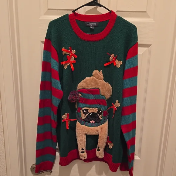 33 Degrees Christmas Holiday Green and Red Pug Dog Sweater - Picture 1 of 6
